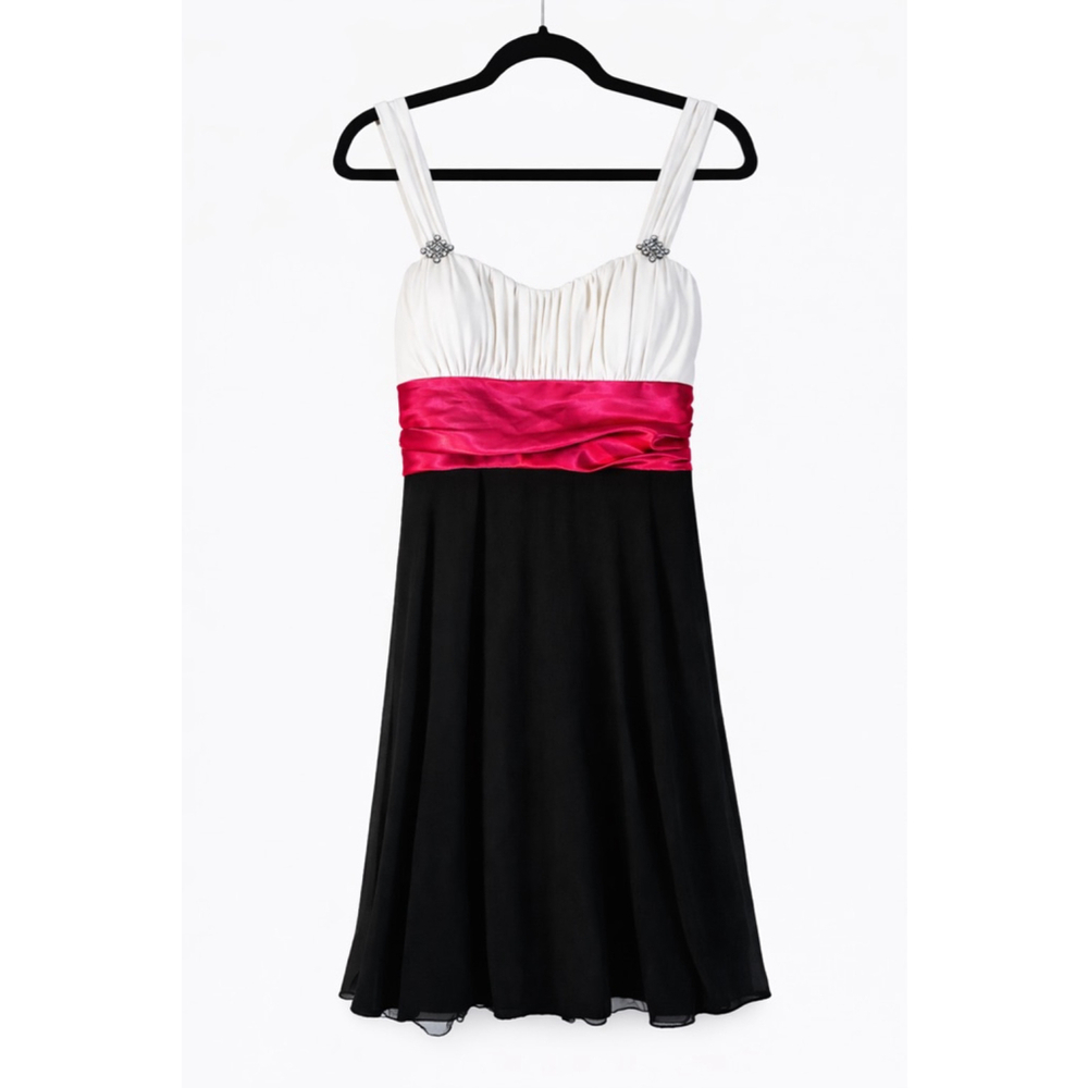 Y2K McBling Rhinestone Empire Waist Party Dress | Pink Black White Medium